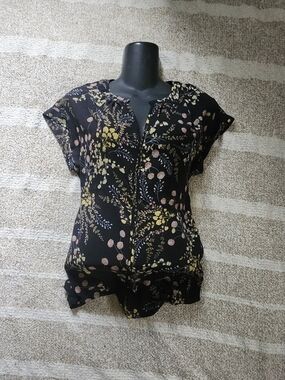 Philosophy Black Floral Short Sleeve Blouse with Pink & Yellow Accents
